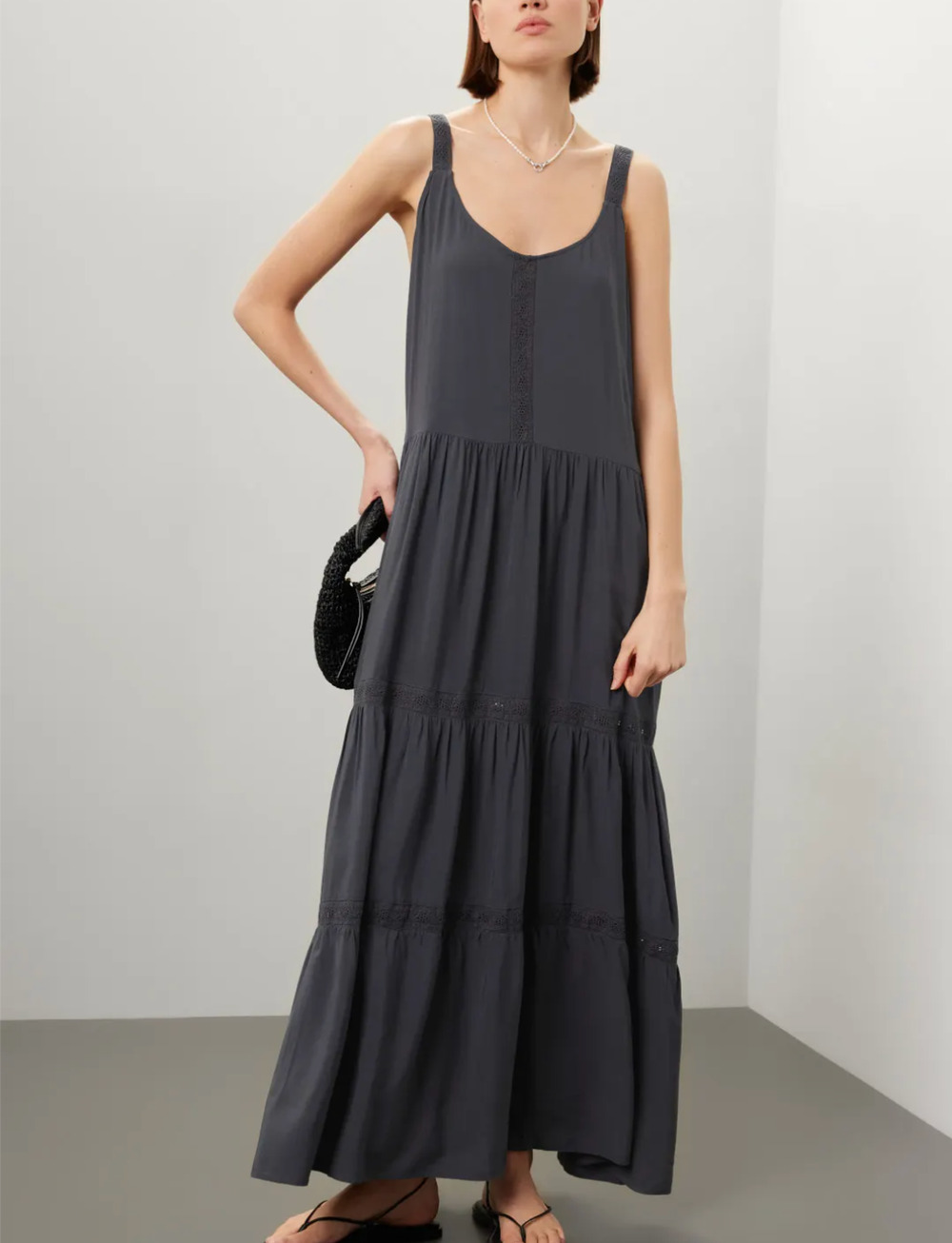 Splendid Dark Gray Tiered Ruffle Sundress Maxi Dress XL Embroidered Boho $188